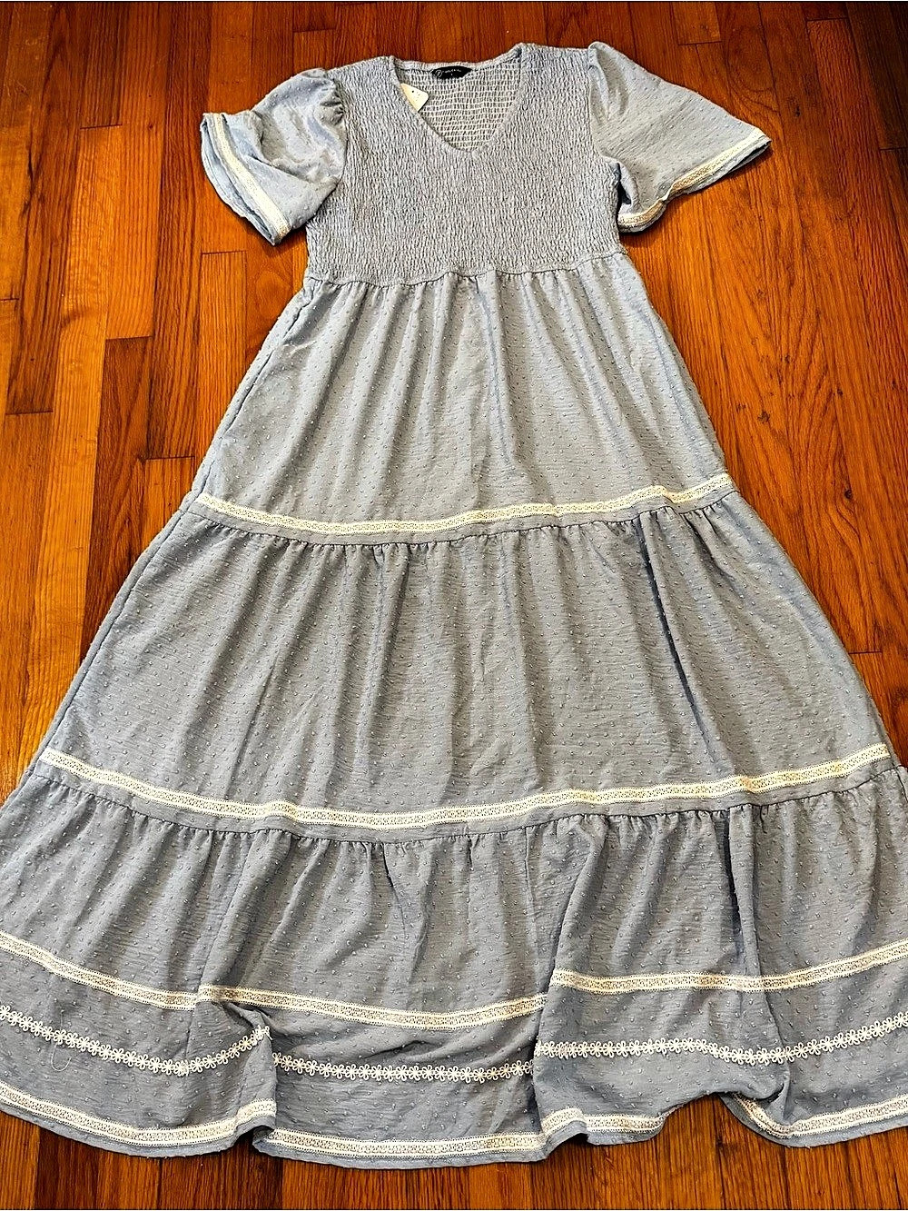 NWT PrettyGarden Swiss Dot Tiered Maxi Dress Dusty Blue/Lace Trim Size Large NEW